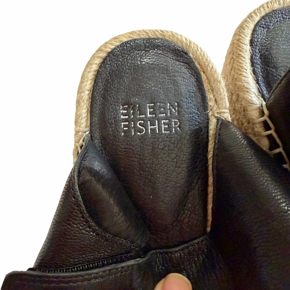 Eileen Fisher Willow Black Wedge Espadrille Platform Leather Sandals Size 8